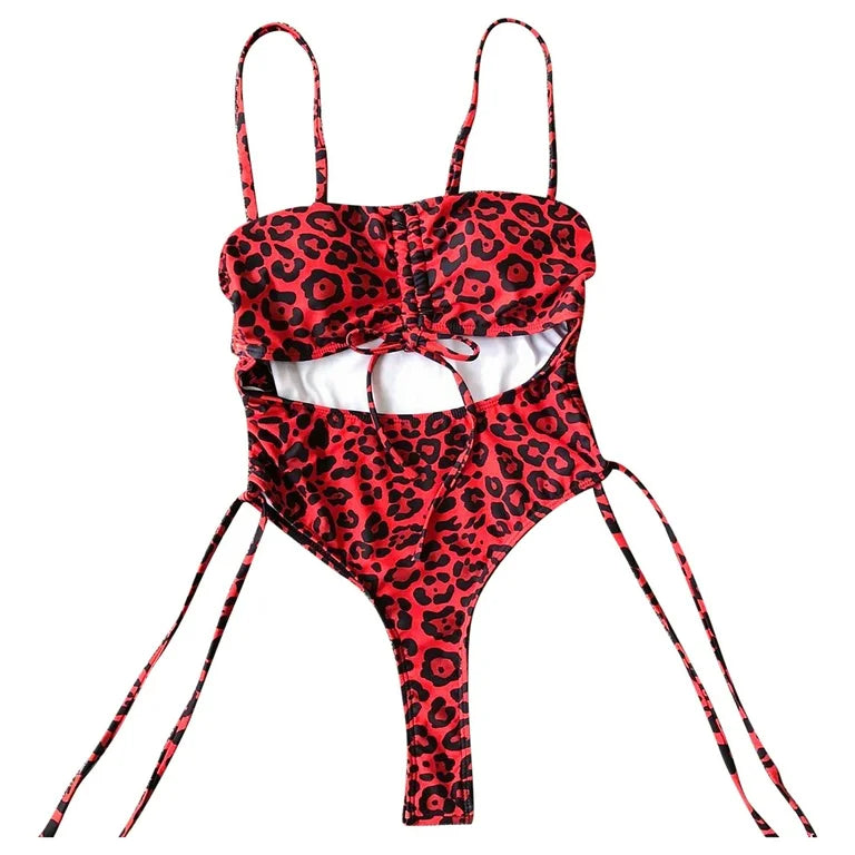 Red Black Leopard Print Cut Out Tie One Piece Swimsuit Large