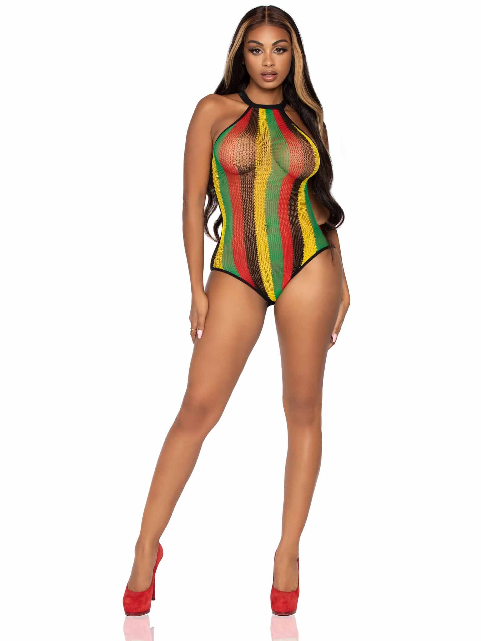 Higher Love Rasta Fishnet See-Through Cover-Up Bodysuit