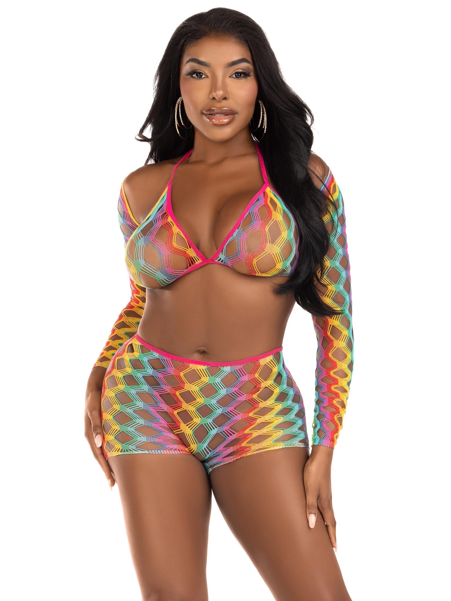 Lucky One Bra and Boy Shorts Rainbow Fishnet Set