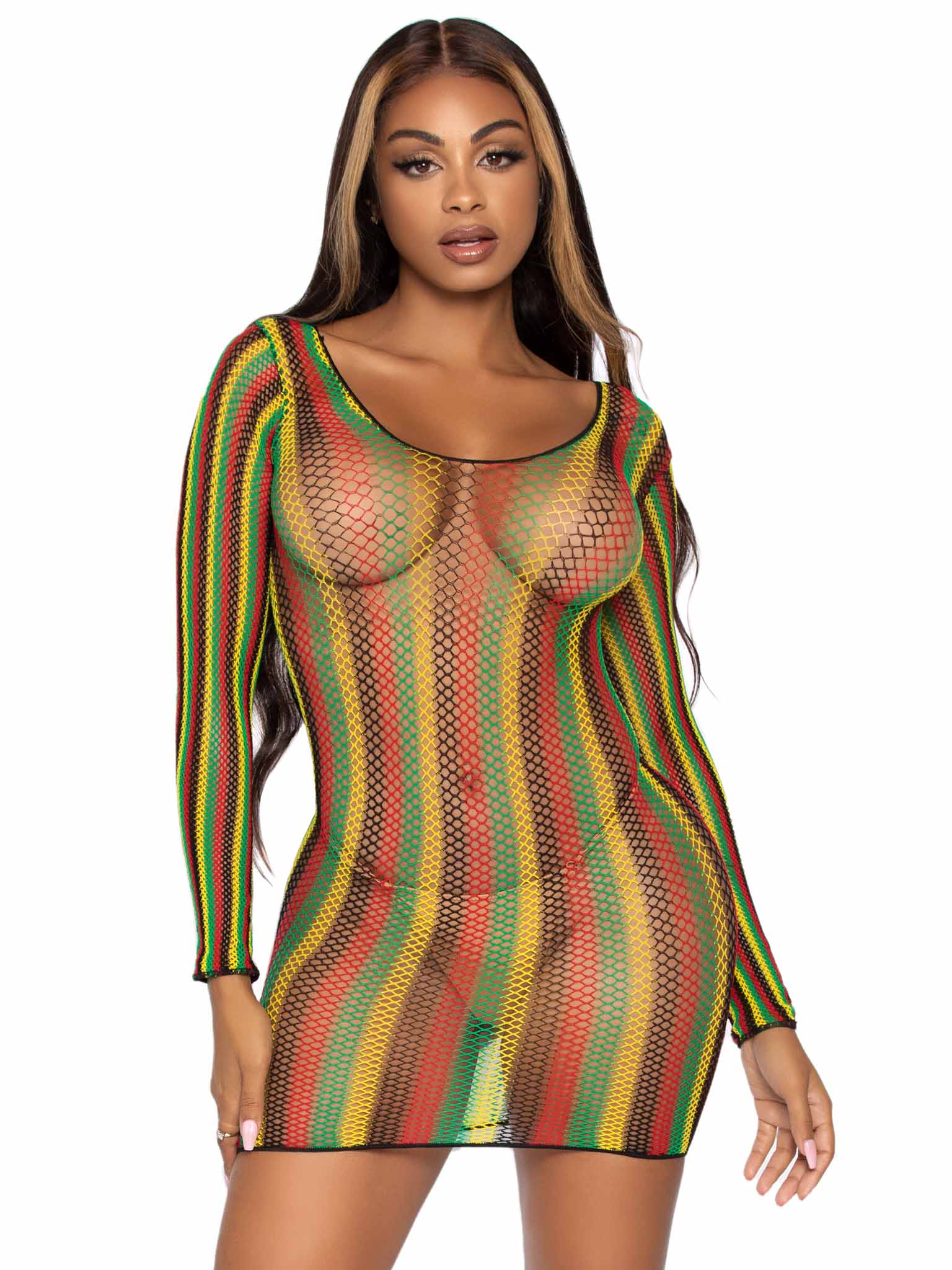 Rasta Fishnet See-Through Cover-Up Mini Dress