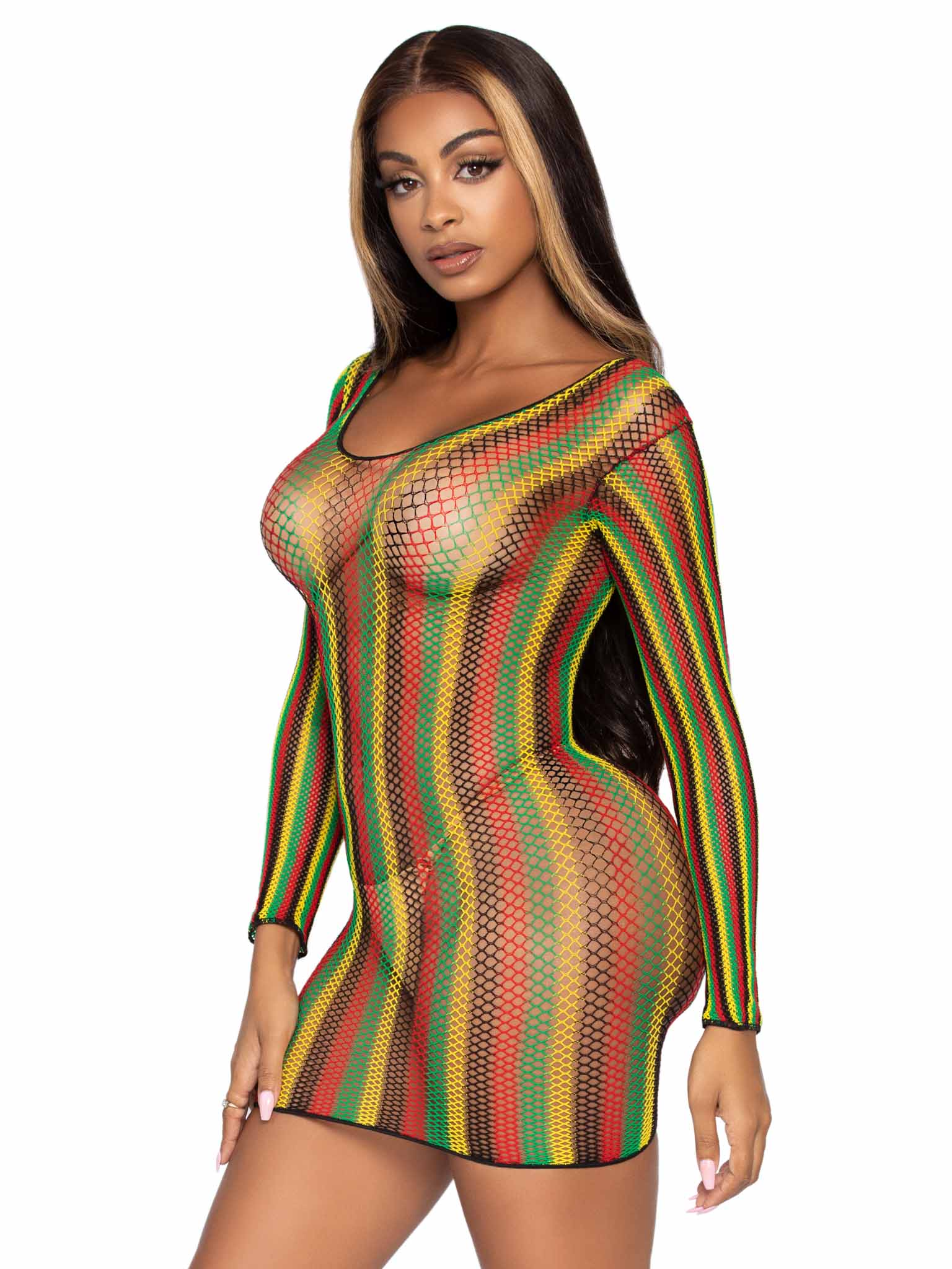 Rasta Fishnet See-Through Cover-Up Mini Dress