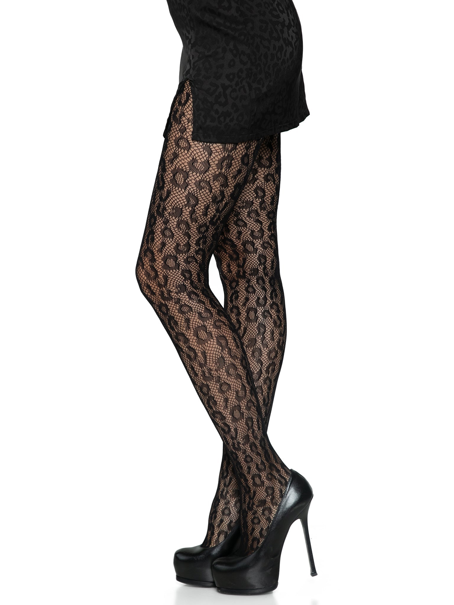Black Leopard Print Fishnet Tights