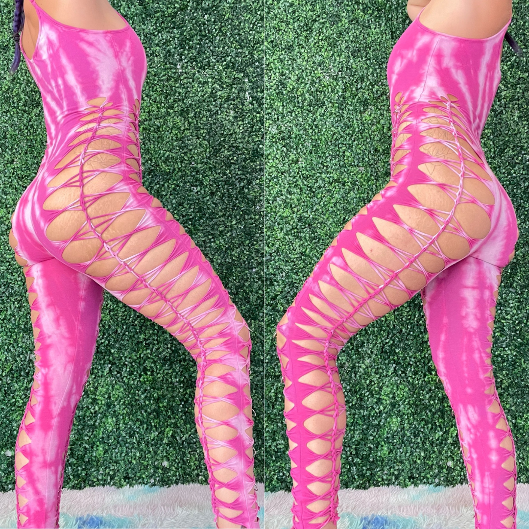 Pink Weaved Tie-Dye Festival Jumpsuit