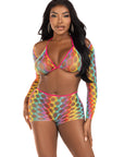 Lucky One Bra and Boy Shorts Rainbow Fishnet Set