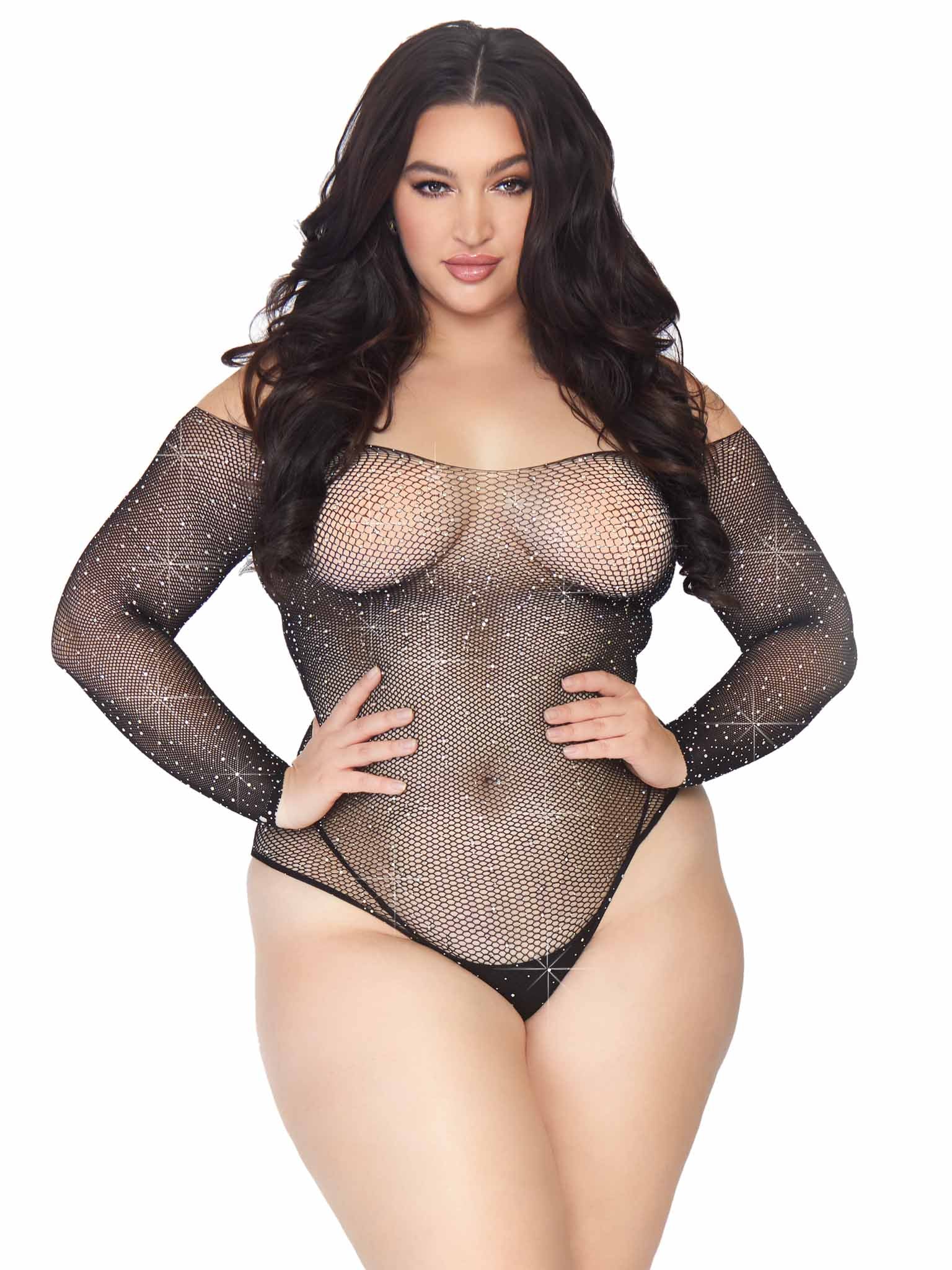 Falling 4 U Rhinestone Sheer Fishnet Long Sleeve Bodysuit