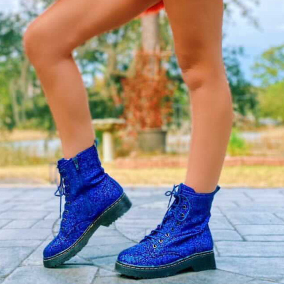 Baddie Combat Boot - Glitter Blue