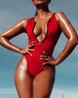 Naz: Red Zip Front One Piece Swimsuit