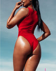 Naz: Red Zip Front One Piece Swimsuit