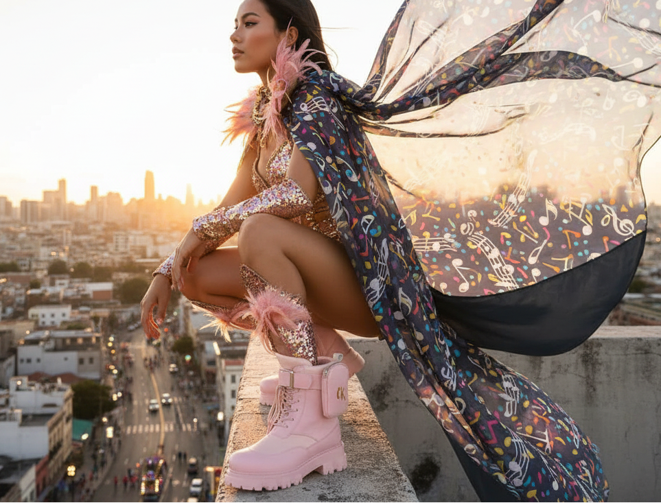 Woman in a colorful outfit with a butterfly costume on a rooftop overlooking a cityscape.